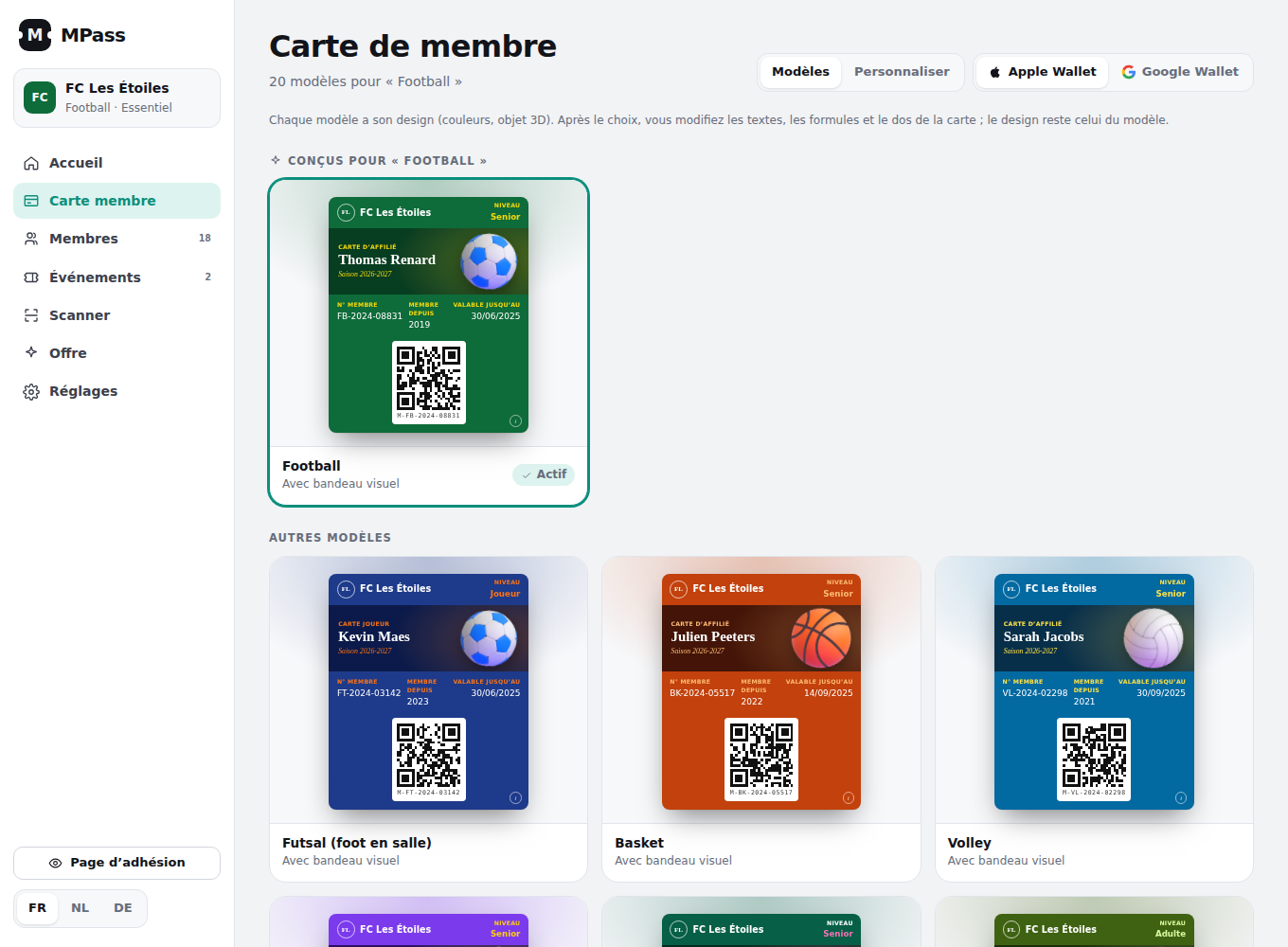 Écran MPass : modèles de cartes de membre par activité